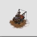 Heavy Duty Construction Vehicle With Crane And Red Blue Body On Sand Surface