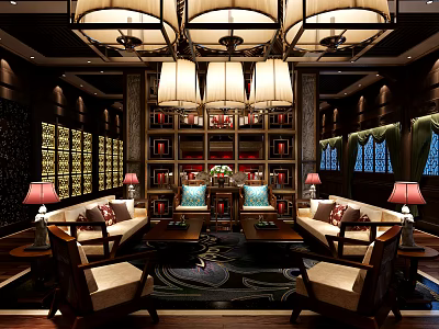 Hotel Public Lounge Area With Chinese Style Chandeliers Bookshelves And Wooden Decor 3d model