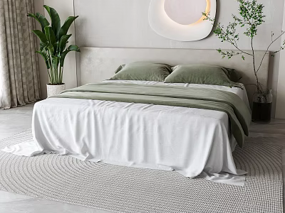 Double Bed With Green Bedding White Sheets Round Decorative Lamp Potted Plants On Woven Rug 3d model