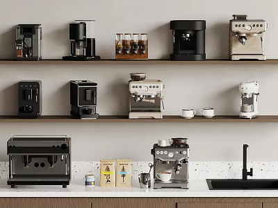 Various Coffee Machines And Makers Display On Kitchen Shelf For Home Barista 3d model