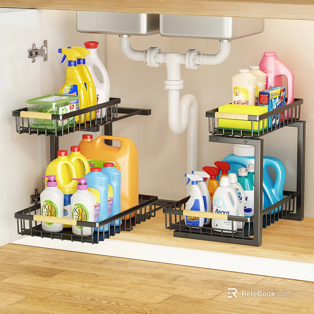 Black Metal Multi Tier Under Sink Storage Shelf for Organized Cleaning Supplies 3d model 