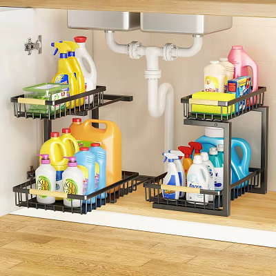 Black Metal Multi Tier Under Sink Storage Shelf for Organized Cleaning Supplies 3d model