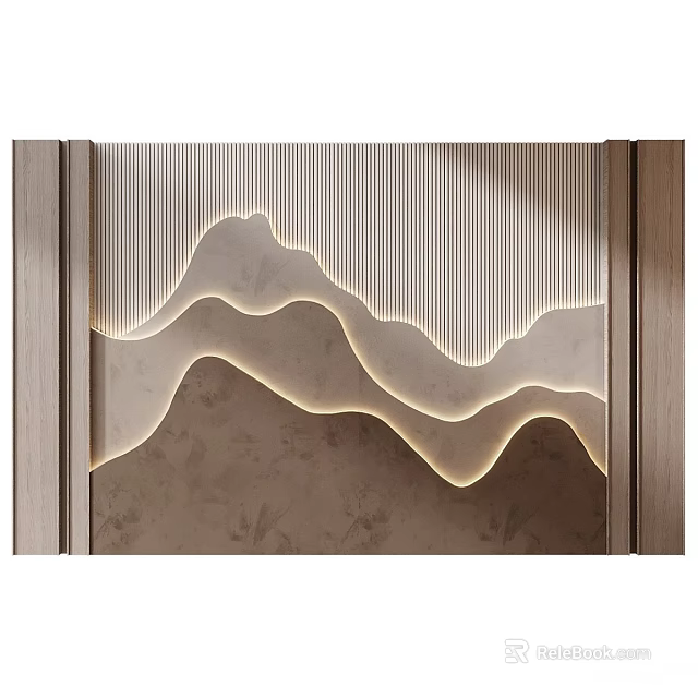 Modern Luxury Background Wall With Mountain Wave Design Vertical Stripes Wooden Frames And Lighting 3d model 