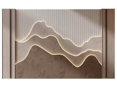 Modern Luxury Background Wall With Mountain Wave Design Vertical Stripes Wooden Frames And Lighting 3d model