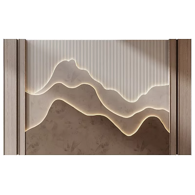 Modern Luxury Background Wall With Mountain Wave Design Vertical Stripes Wooden Frames And Lighting 3d model