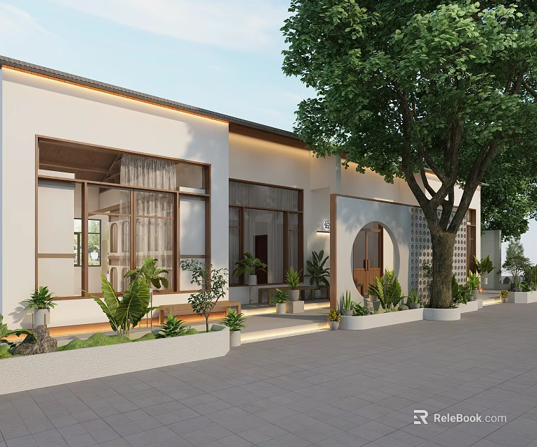 Modern Shopping Mall Store Exterior With Large Windows Circular Decor Green Plants And Front Trees 3d model 