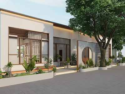 Modern Shopping Mall Store Exterior With Large Windows Circular Decor Green Plants And Front Trees 3d model