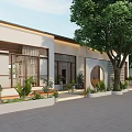 Modern Shopping Mall Store Exterior With Large Windows Circular Decor Green Plants And Front Trees