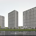 Modern High Rise Hotel Buildings With Glass Facade And Waterfront Greenery