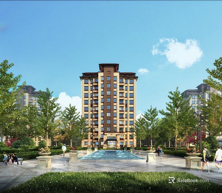 Modern High Rise Residential Complex With Green Trees And Central Fountain Plaza Area 3d model 