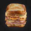 Appetizing Stacked Sandwich with Sliced Ham Cheddar Cheese Fresh Greens and Soft Bun