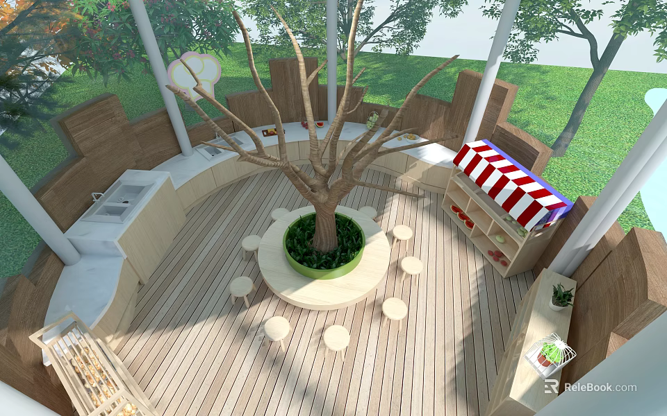 Kindergarten Activity Space with Central Tree Wooden Floor Small Tables Stools Red White Striped Awning and Sink 3d model 