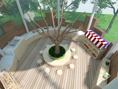 Kindergarten Activity Space with Central Tree Wooden Floor Small Tables Stools Red White Striped Awning and Sink 3d model