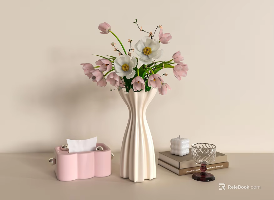 White Striped Vase With Pink And White Flowers On Light Table With Books And Decor 3d model 