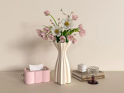 White Striped Vase With Pink And White Flowers On Light Table With Books And Decor 3d model