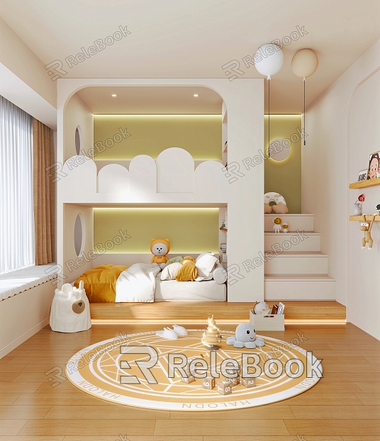 Cream Style Children's Room Upper and Lower Bed Children's Bed Balloon Chandelier Muppet Toy Storage Rack Ornaments model