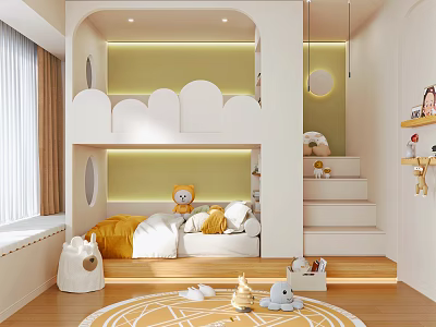 Cozy Kids Room With Cloud Shaped Bunk Bed Yellow Decor Stuffed Toys Rug And Stairs 3d model