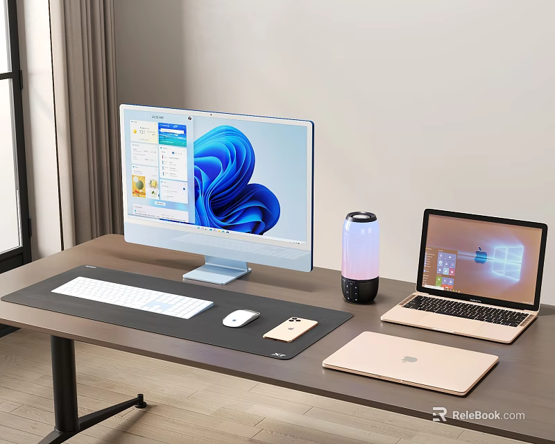 Desktop Computer Laptop And Tablet On Desk With Mouse Smartphone Keyboard Pad And Water Bottle 3d model 