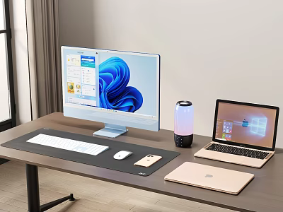 Desktop Computer Laptop And Tablet On Desk With Mouse Smartphone Keyboard Pad And Water Bottle 3d model