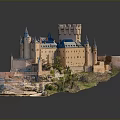 Ancient Castle Architecture With Blue Roof Spire Towers On Rocky Cliff Greenery And Reflection