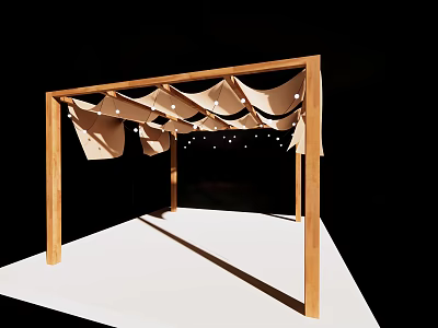 Wooden Frame Awning With Beige Fabric Curtains And White String Lights 3d model