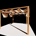Wooden Frame Awning With Beige Fabric Curtains And White String Lights