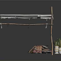 Outdoor Canopy Structure With Bamboo Poles White Fringed Fabric Plants And Wrapped Packages