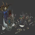 Various Fantasy Tribal Decorative Items With Antler Tapestry Flags Statues And Structures