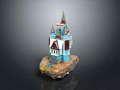 Fairy Tale Castle Model With Multiple Spires And Colorful Tower Design On Rock Base 3d model
