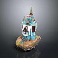 Fairy Tale Castle Model With Multiple Spires And Colorful Tower Design On Rock Base