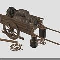 Vintage Wooden Cart Loaded With Barrels Hay Bales Ropes And Wooden Stumps