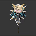 Chibi Game Character With Golden Horns Blonde Hair Blue White Outfit Back Wings Playful Expression