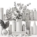 Daily Skincare And Bath Essentials On Organized Shelf With Eucalyptus Plant And Pampas Grass