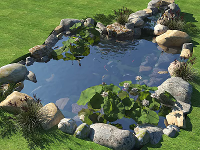 Garden Pond with Stones Lily Pads Water Lilies and Fish in Green Grass 3d model