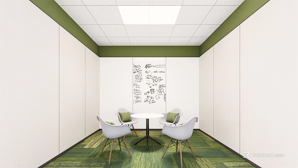 Modern Lounge Area Design With White Round Table Green Cushions And Notes On Wall 3d model