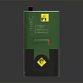 Green Industrial Device With Red Button Yellow Warning Sign Label And Silver Base