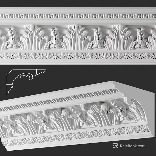 Elegant White Decorative Corner Molding With Intricate Carved Patterns For Interior Design 3d model 