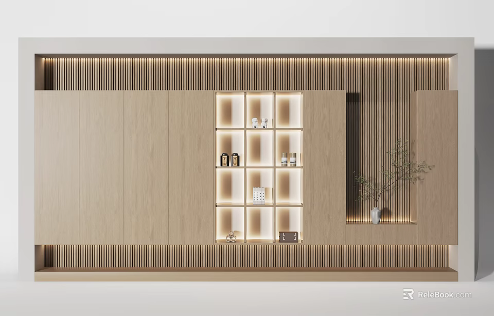Modern Light Wood Decorative Cabinet With Illuminated Shelves Decorative Items And Small Plant 3d model 