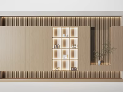 Modern Light Wood Decorative Cabinet With Illuminated Shelves Decorative Items And Small Plant 3d model