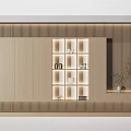 Modern Light Wood Decorative Cabinet With Illuminated Shelves Decorative Items And Small Plant