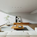 Minimalist Living And Dining Room With Light Sofa Wooden Coffee Table And Gray Rug