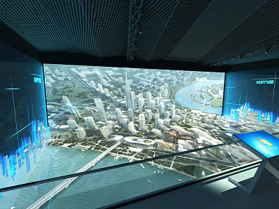 Advanced Modern Urban Tech Display Featuring Large Screen Cityscape River View And Data Visualization 3d model