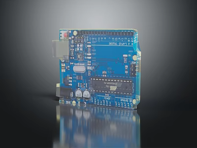 Arduino Uno R3 Circuit Board With Blue PCB And Electronic Components 3d model