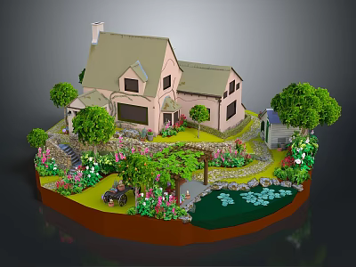 Cartoon Scene of Cozy House With Green Trees Flowers Pathway Pond And Tractor 3d model