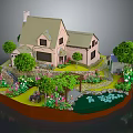 Cartoon Scene of Cozy House With Green Trees Flowers Pathway Pond And Tractor
