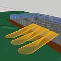 Rural Landscape With Green Grass People Orange Net Structure And Trees