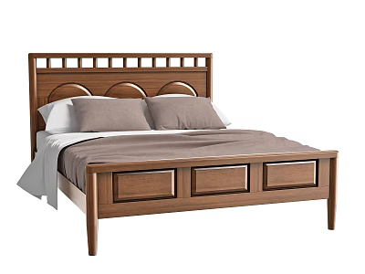 Wooden Double Bed With Round Decorative Headboard Drawer Storage And Pillows Comforter 3d model