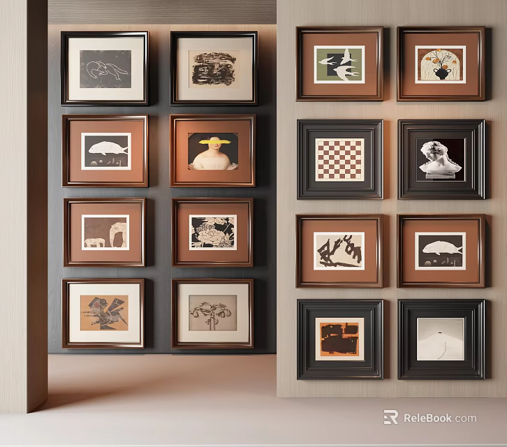 Abstract Paintings Framed Artworks Displayed On Wall With Various Designs 3d model