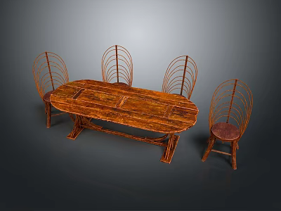 Wooden Oval Dining Table Set With Four Openwork Back Woven Chairs 3d model