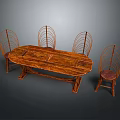 Wooden Oval Dining Table Set With Four Openwork Back Woven Chairs 3d model